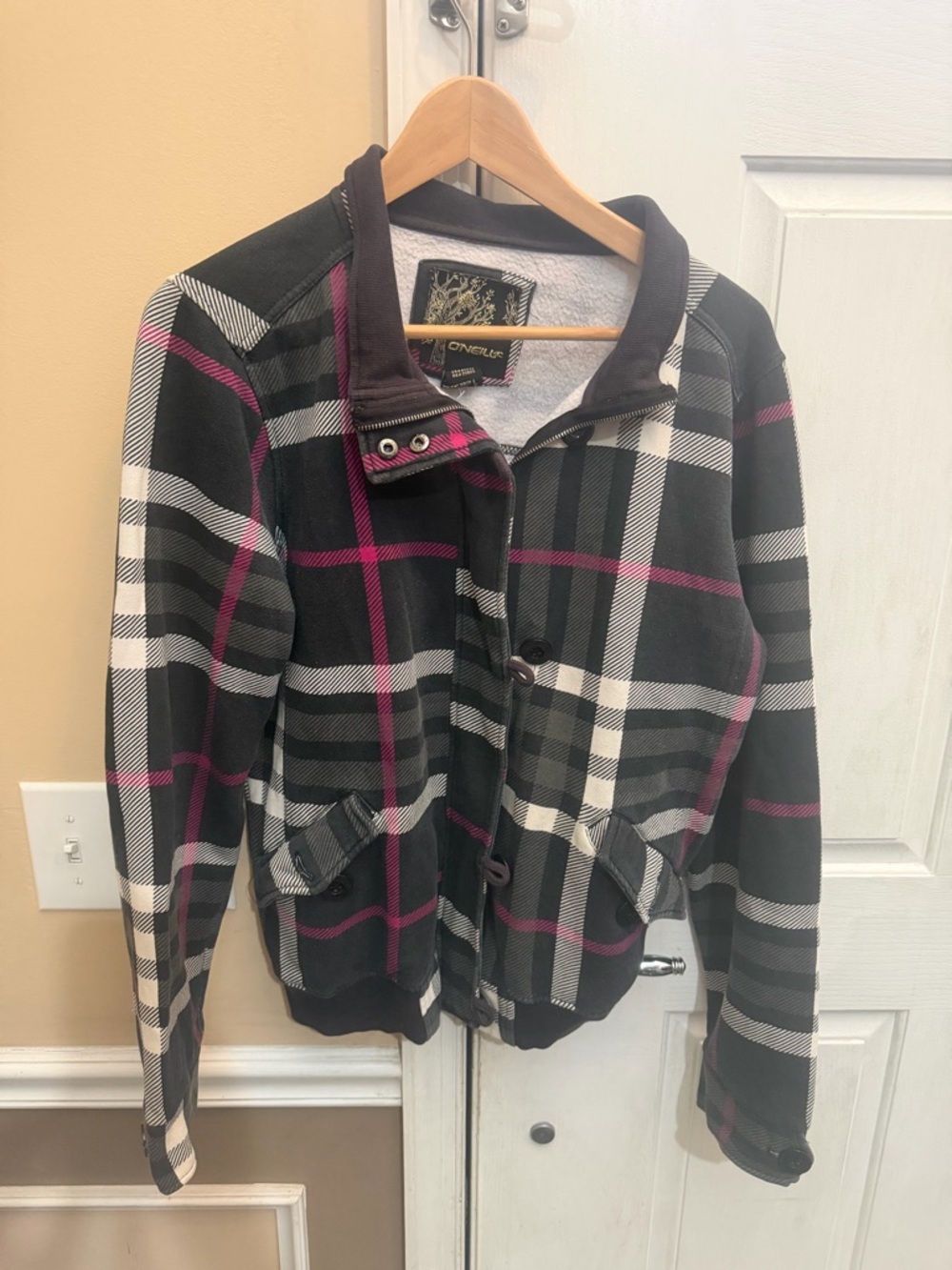 O'Neill Black White Plaid Bomber Jacket with Pink Trim